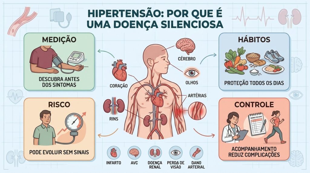 Medição, hábitos e acompanhamento ajudam a prevenir danos silenciosos da hipertensão.