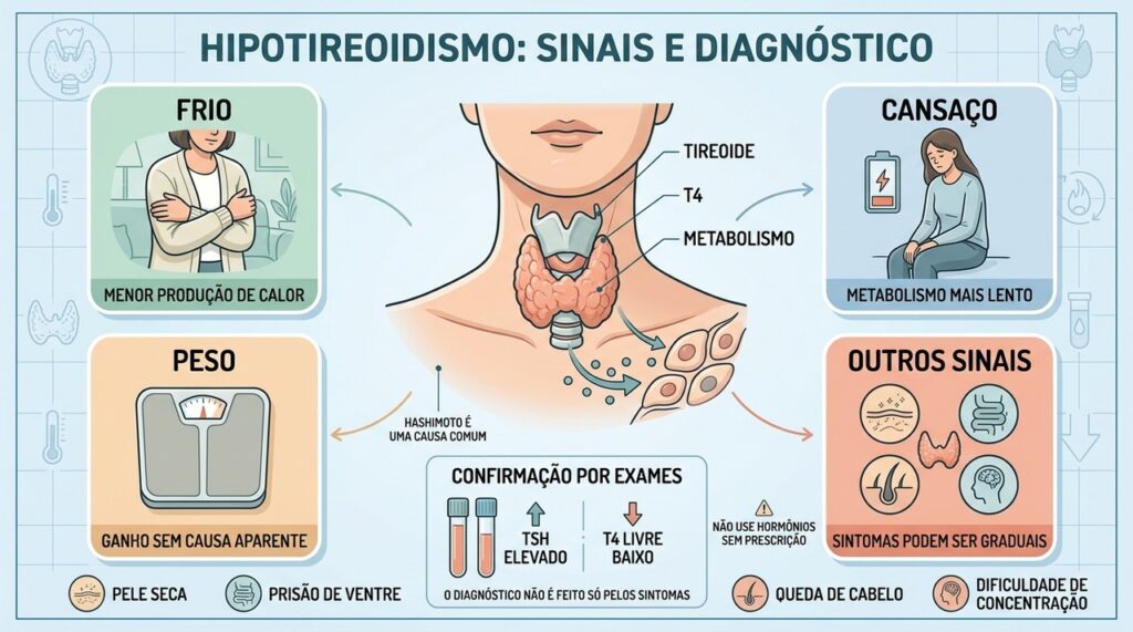 Sintomas sugerem hipotireoidismo, mas TSH e T4 livre ajudam a confirmar o diagnóstico.