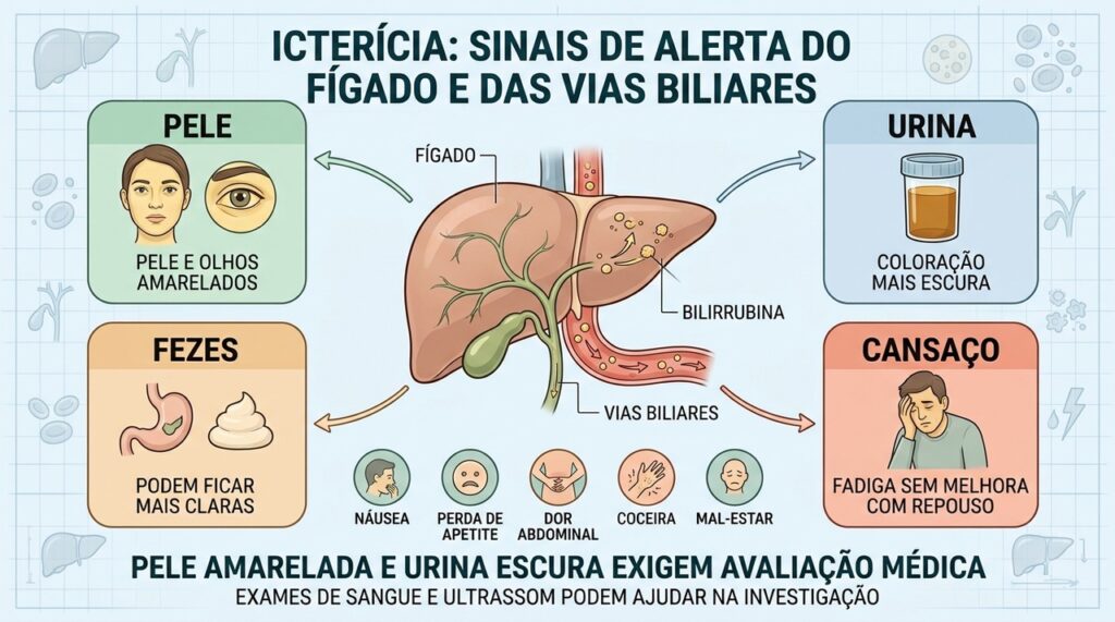 Icterícia, urina escura, fezes claras e fadiga orientam a investigação hepática.