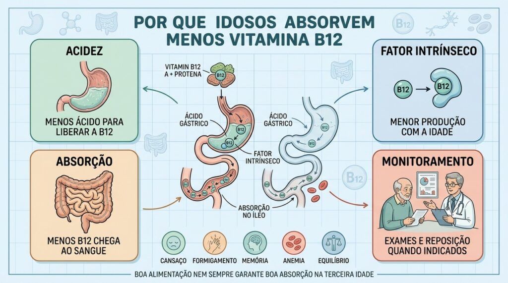 Acidez, fator intrínseco, absorção e monitoramento explicam o maior risco de deficiência de B12.
