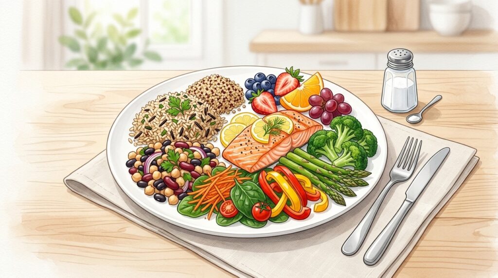 A dieta DASH prioriza vegetais, grãos integrais e proteínas magras, com menor consumo de sódio.