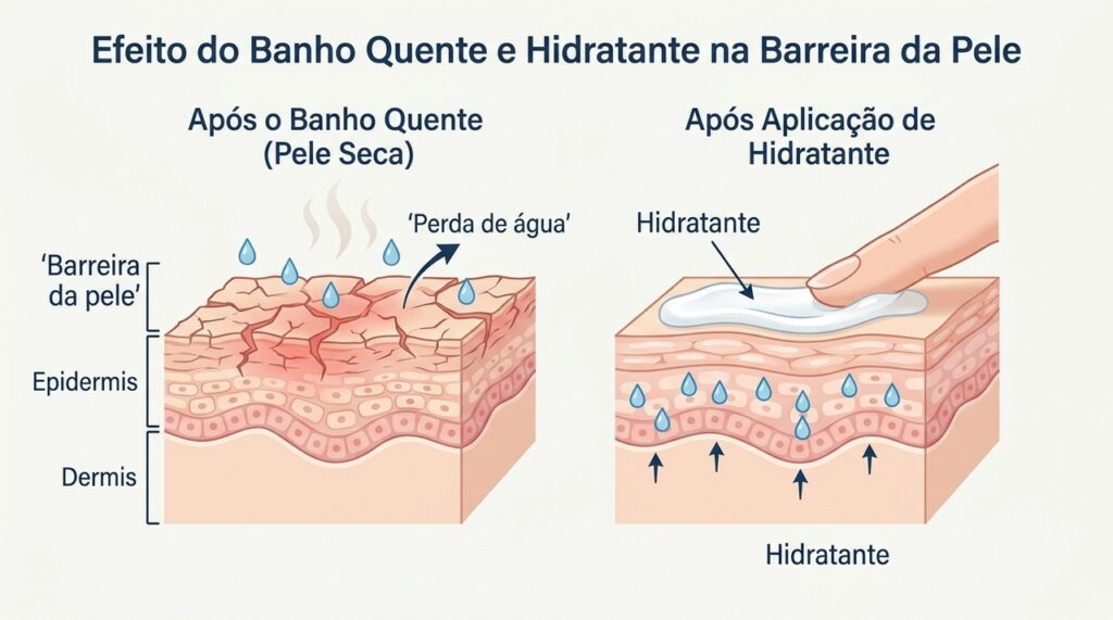A água muito quente pode enfraquecer a barreira da pele e aumentar a perda de hidratação.
