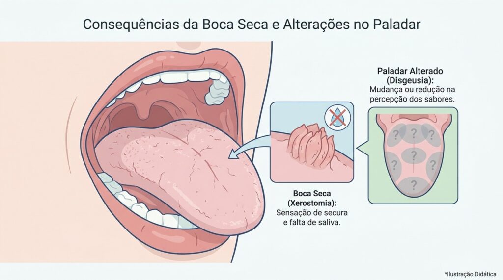 A redução da saliva pode interferir no paladar e contribuir para a sensação de gosto metálico.