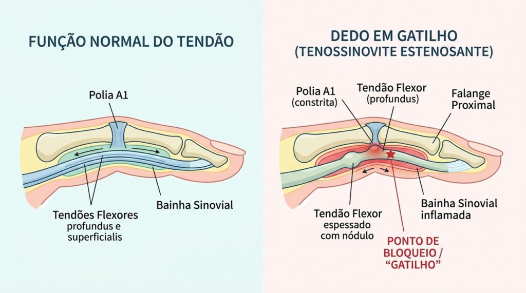 O espessamento e a irritação do tendão podem dificultar seu deslizamento e fazer o dedo travar.
