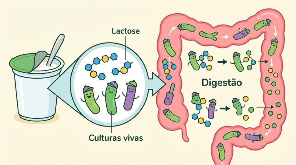 As culturas vivas do iogurte podem ajudar na digestão da lactose e melhorar a tolerância em algumas pessoas.