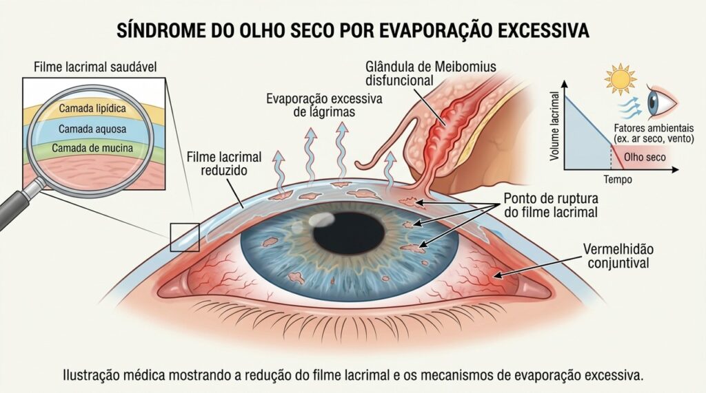 A redução ou evaporação rápida da lágrima pode deixar a superfície dos olhos seca e irritada.