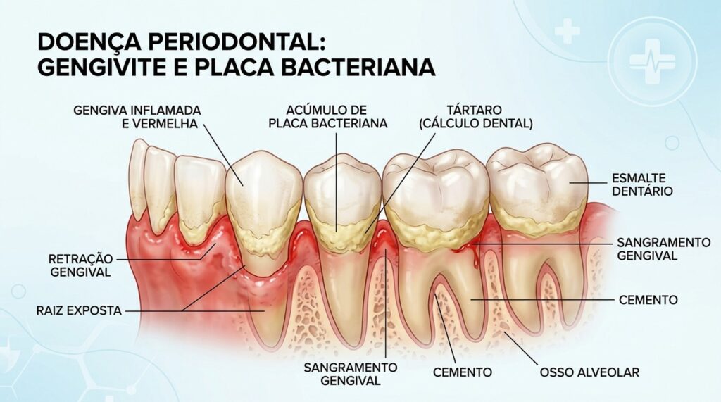 O acúmulo de placa bacteriana pode inflamar a gengiva e provocar sangramento e mau hálito.