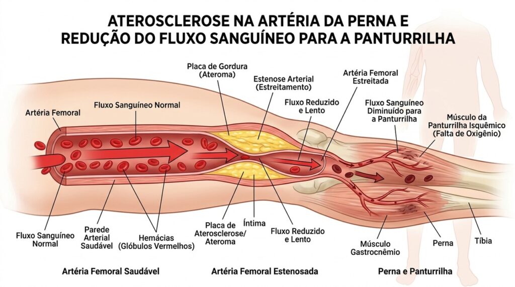 O estreitamento das artérias pode reduzir o fluxo de sangue para os músculos da perna durante a caminhada.
