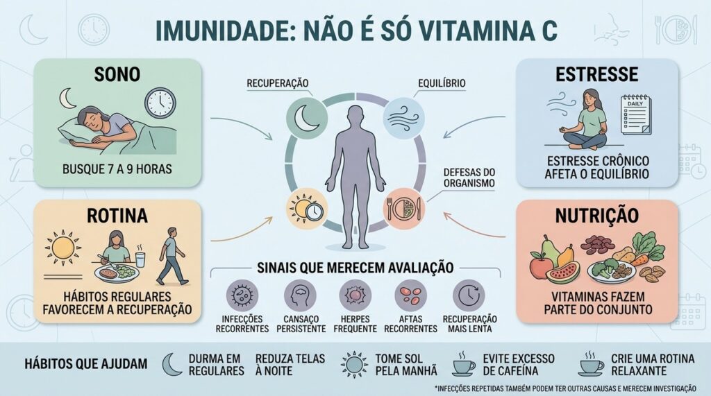 Sono, estresse, rotina e alimentação atuam juntos na manutenção das defesas do organismo.