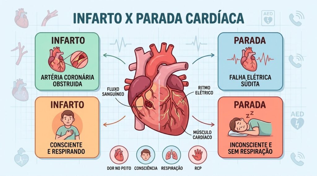 Infarto e parada cardíaca exigem respostas diferentes: reconhecer consciência, respiração e sintomas orienta o socorro.