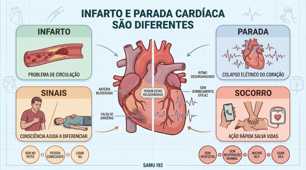 Circulação bloqueada e colapso elétrico exigem reconhecimento e socorro diferentes.