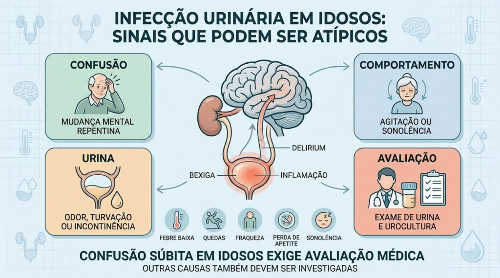 Confusão, sonolência, alterações urinárias e quedas podem acompanhar infecção urinária em idosos.