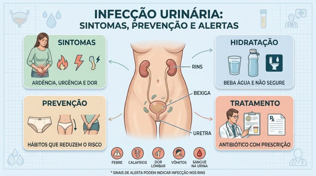 Sintomas, hidratação, prevenção e tratamento orientam o cuidado com a infecção urinária.