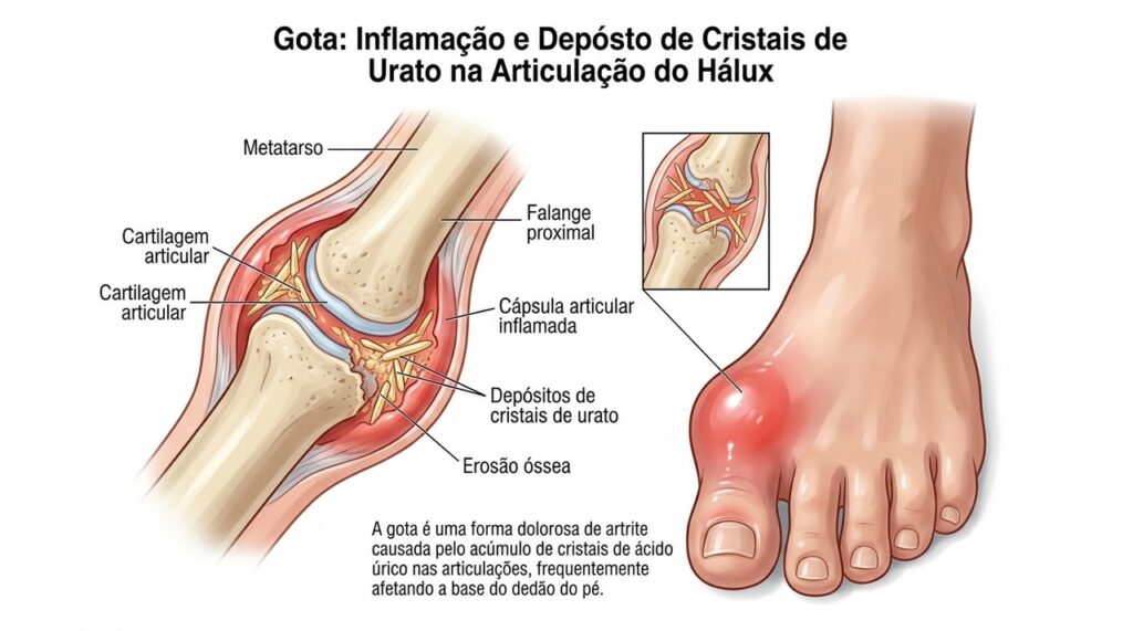 Na gota, cristais de urato podem se acumular na articulação e provocar inflamação e dor intensa.