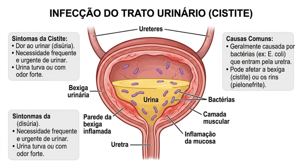A infecção da bexiga pode causar inflamação, ardência e vontade frequente de urinar.