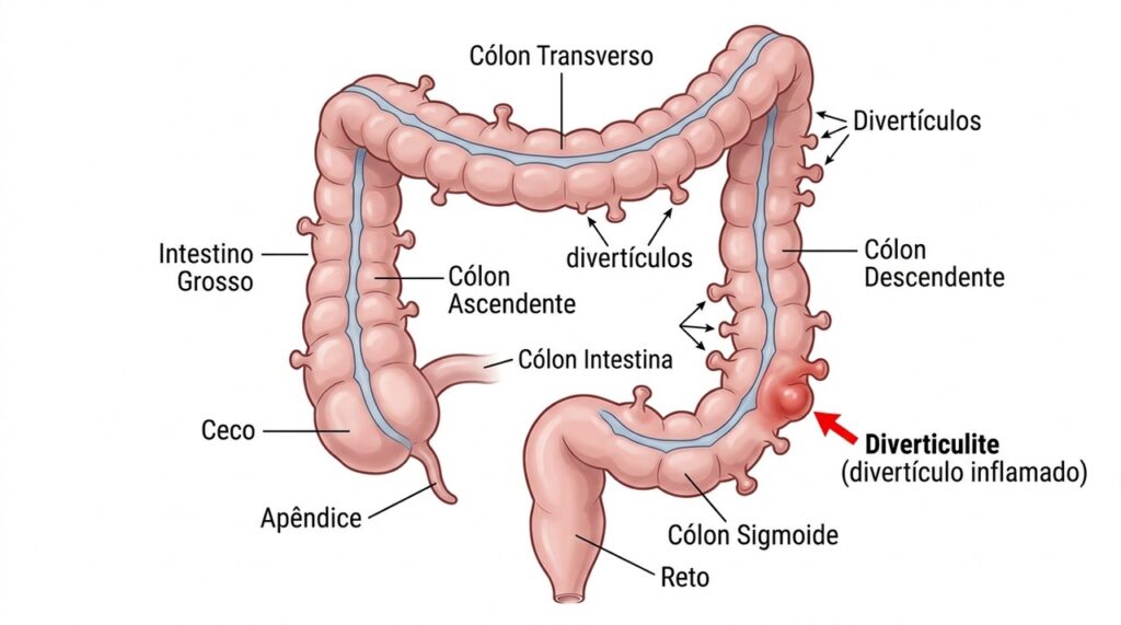 Na diverticulite, pequenas bolsas na parede do intestino ficam inflamadas e podem causar dor no lado inferior esquerdo do abdome.