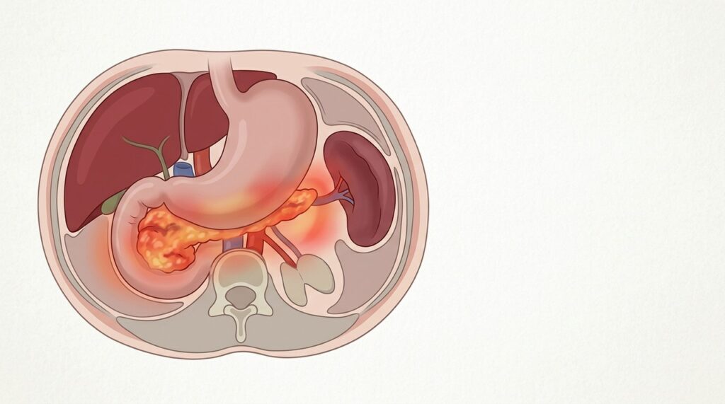 A inflamação do pâncreas pode provocar dor abdominal intensa que irradia para as costas.