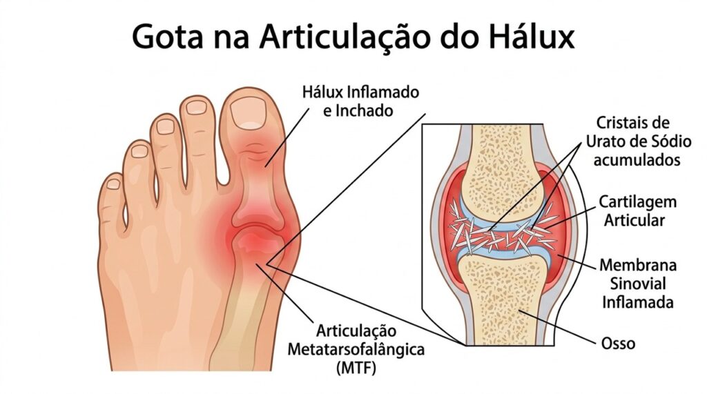 O acúmulo de cristais de urato na articulação pode desencadear inflamação intensa e uma crise súbita de gota.