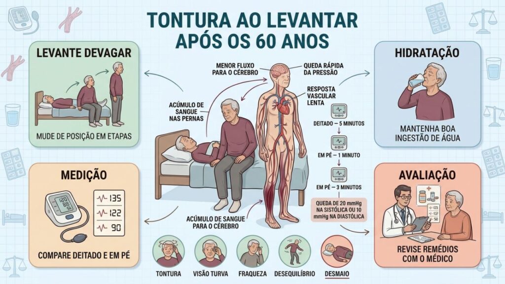 Levantar em etapas, hidratar-se, medir a pressão e revisar medicamentos previnem quedas.
