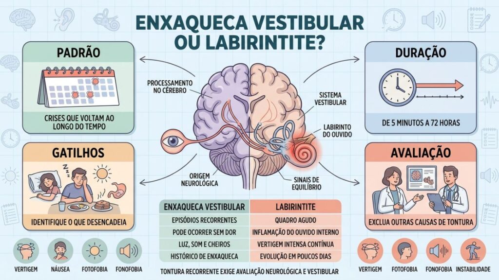 Padrão, duração, gatilhos e sintomas sensoriais diferenciam enxaqueca vestibular de labirintite.