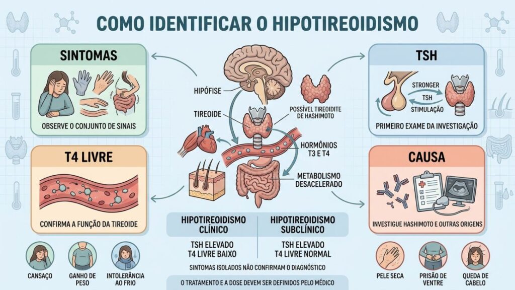 Sintomas, TSH, T4 livre e investigação da causa orientam o diagnóstico.