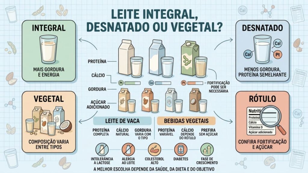 Integral, desnatado, vegetal e rótulo revelam diferenças importantes de composição.