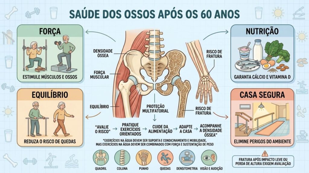 Força, nutrição, equilíbrio e segurança doméstica formam a proteção óssea.