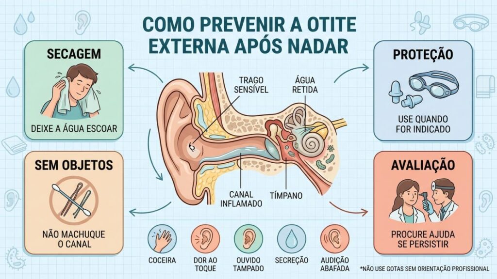 Secagem correta, proteção e cuidado com o canal ajudam a prevenir otite externa.