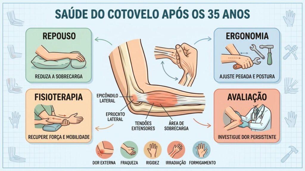 Repouso, ergonomia, fisioterapia e avaliação orientam o cuidado da epicondilite lateral.