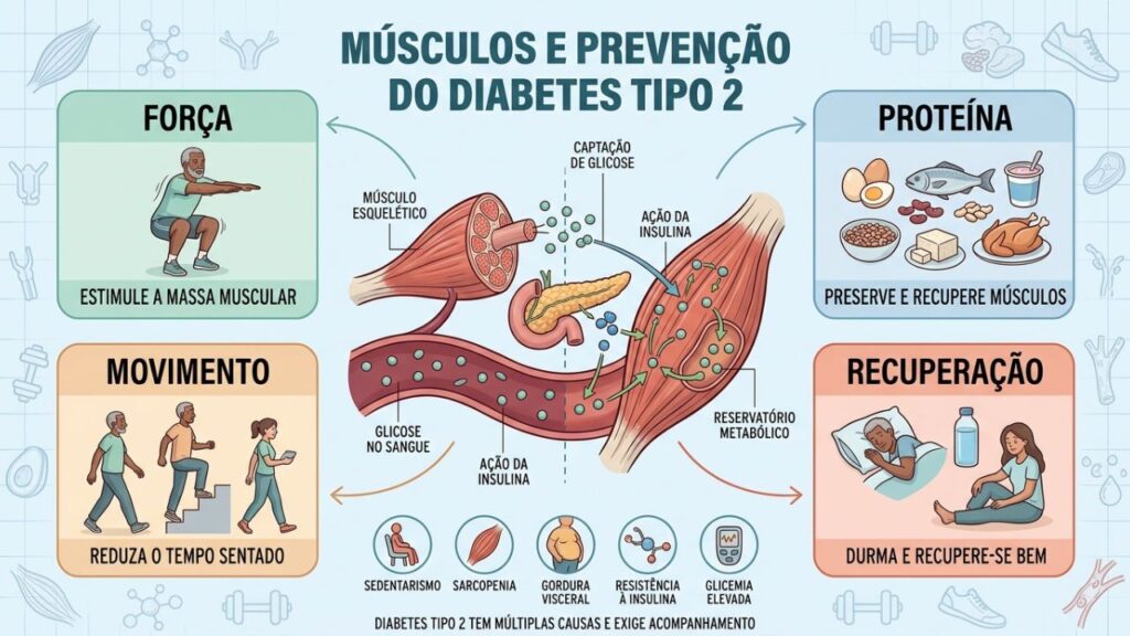 Força, proteína, movimento e recuperação preservam músculos e favorecem o controle glicêmico.