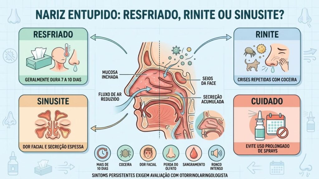Duração, coceira, secreção e dor facial ajudam a diferenciar as causas.