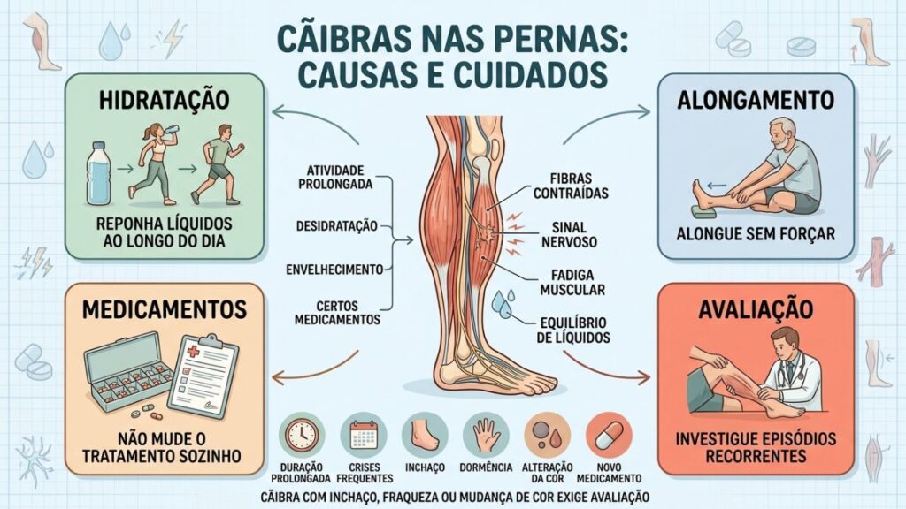 Hidratação, alongamento, revisão de medicamentos e avaliação ajudam a controlar cãibras.
