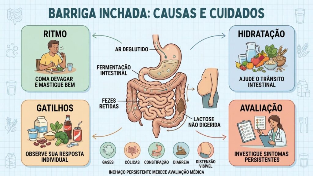 Hábitos, fibras, hidratação e avaliação ajudam a reduzir a distensão abdominal.