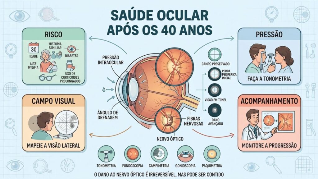 Pressão ocular, nervo óptico, campo visual e exames orientam a prevenção.