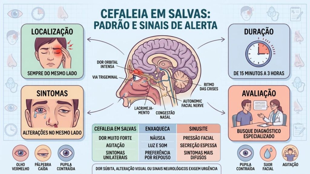 Localização, duração e sintomas unilaterais ajudam a reconhecer cefaleia em salvas.