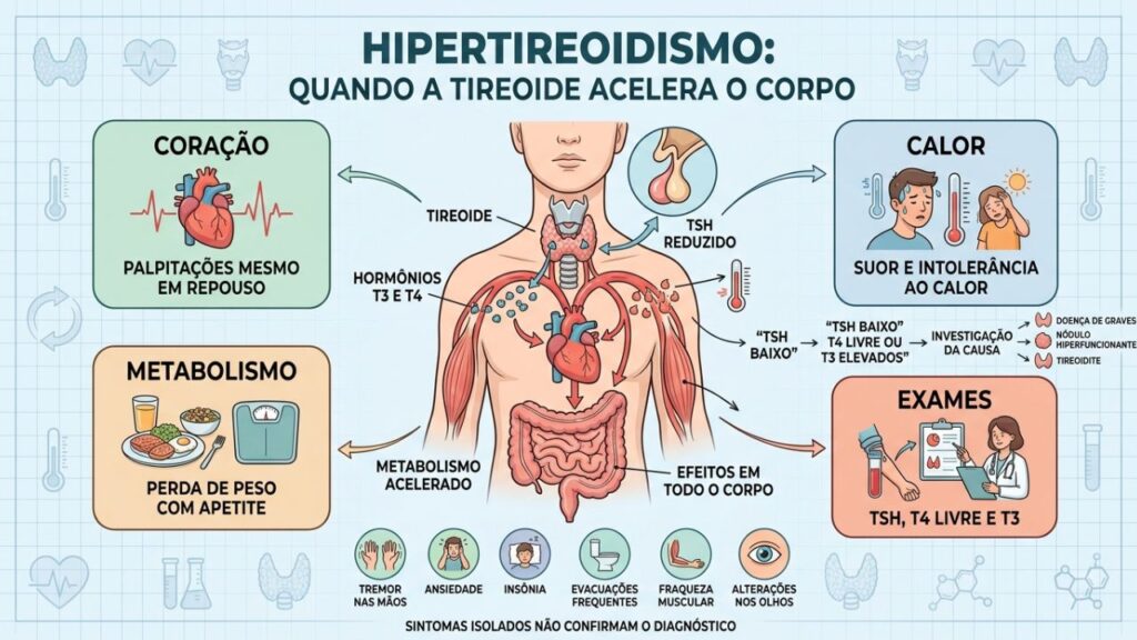Coração, temperatura, metabolismo e exames revelam os efeitos da tireoide acelerada.