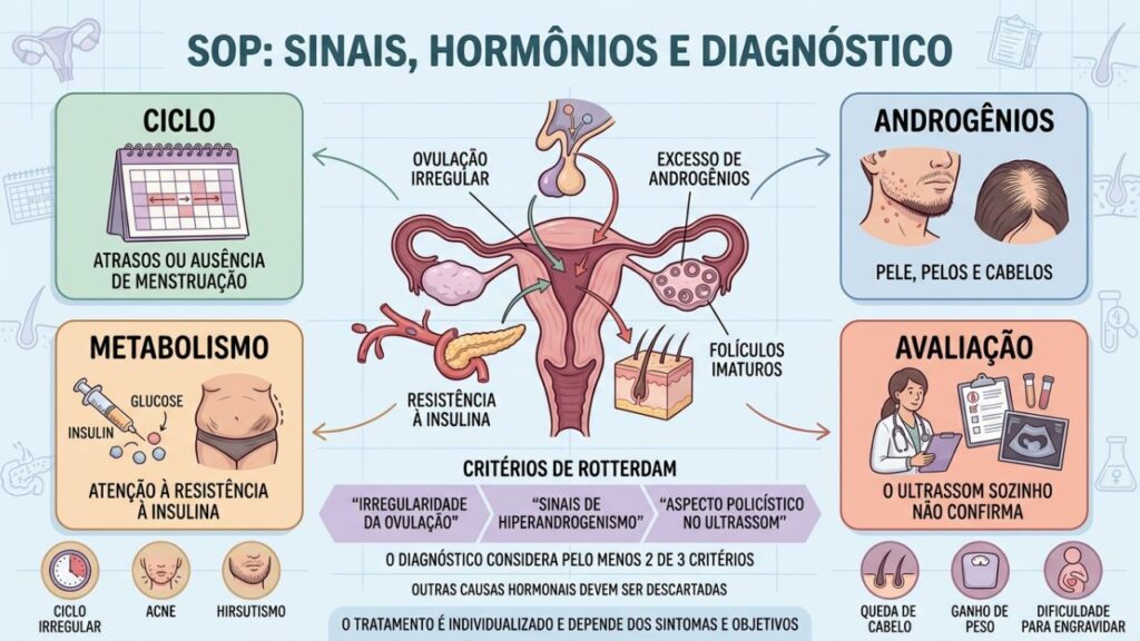 Ciclo, androgênios, metabolismo e avaliação conjunta orientam o diagnóstico da SOP.