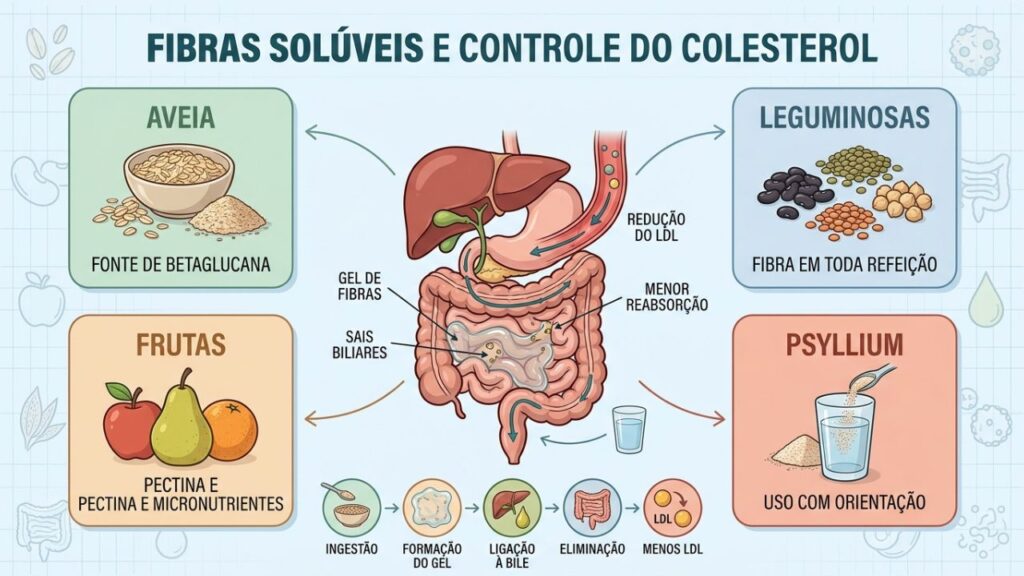 Aveia, leguminosas, frutas e psyllium reduzem a reabsorção intestinal do colesterol.