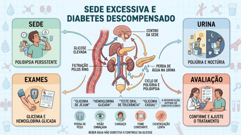 Sede, poliúria, exames e avaliação revelam o ciclo da hiperglicemia.