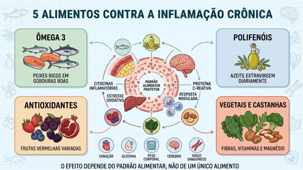 Ômega 3, polifenóis, antioxidantes, fibras e gorduras boas modulam a inflamação.
