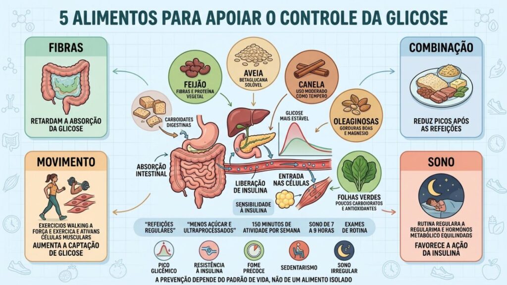Feijão, aveia, canela, oleaginosas e folhas apoiam o equilíbrio glicêmico.