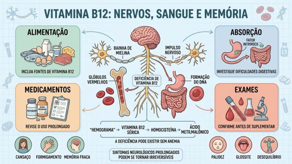 Alimentação, absorção, medicamentos e exames orientam o diagnóstico da deficiência de B12.