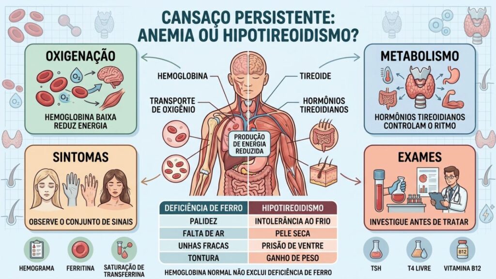 Oxigenação, metabolismo, sintomas e exames diferenciam anemia de hipotireoidismo.