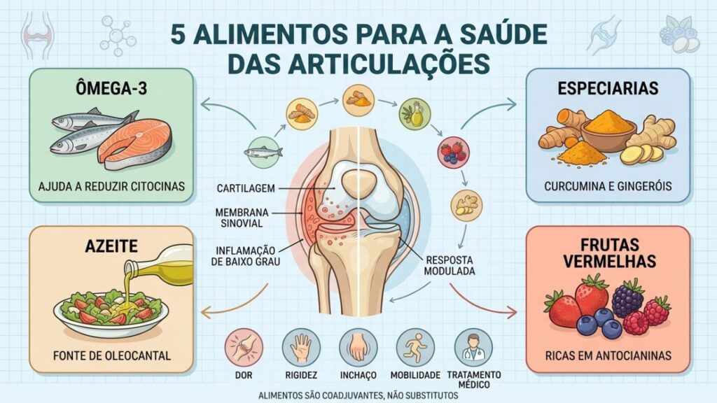 Ômega-3, cúrcuma, azeite, frutas vermelhas e gengibre auxiliam a saúde articular.