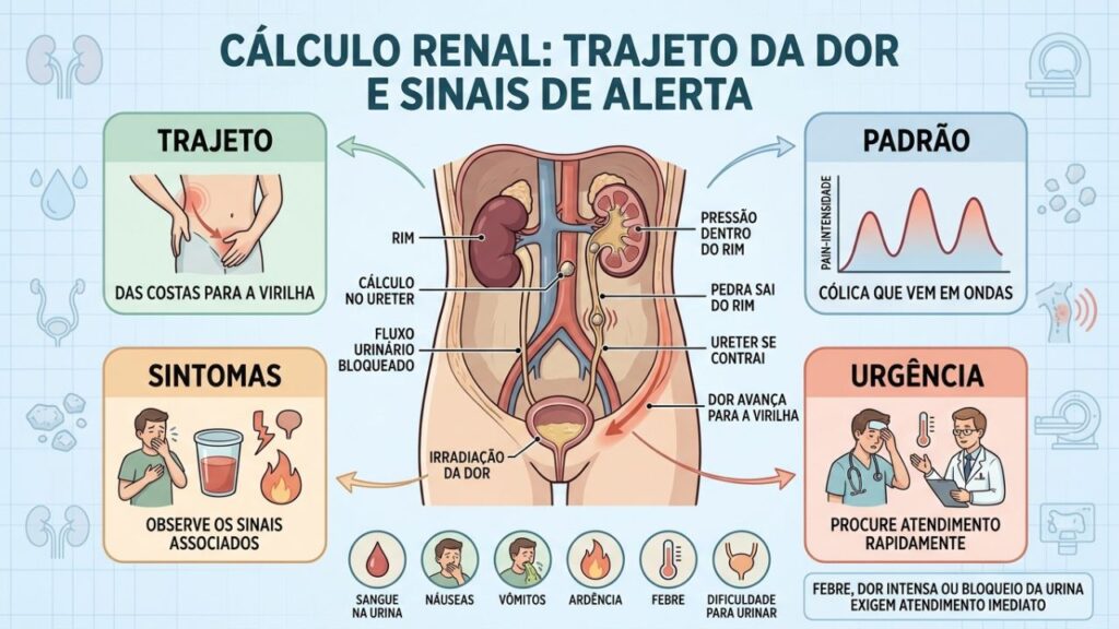 Trajeto, cólica, sintomas urinários e alertas ajudam a reconhecer o cálculo renal.