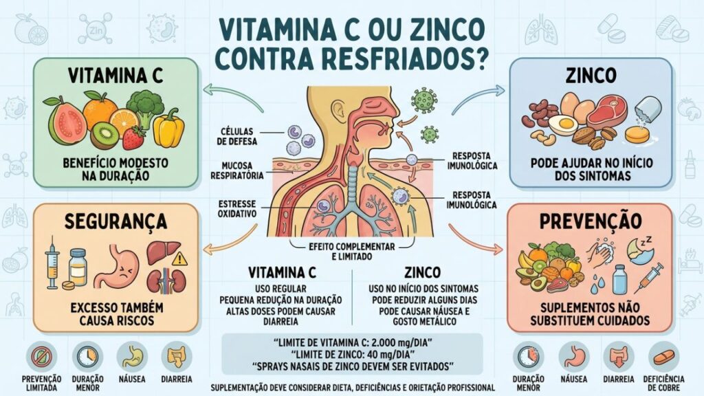 Evidência, dose, segurança e alimentação orientam o uso de vitamina C e zinco.