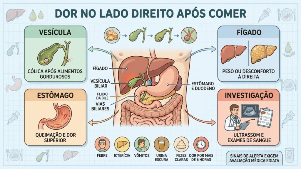 Vesícula, fígado, estômago e exames ajudam a esclarecer a dor pós-refeição.