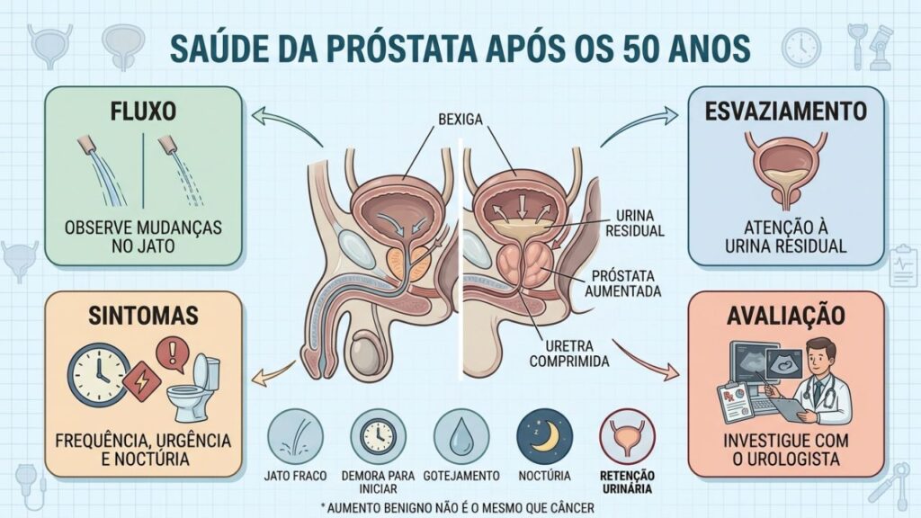 Fluxo, esvaziamento, sintomas e avaliação orientam o cuidado com a próstata.