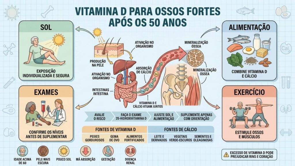 Sol, alimentação, exames e exercício sustentam a saúde óssea com segurança.