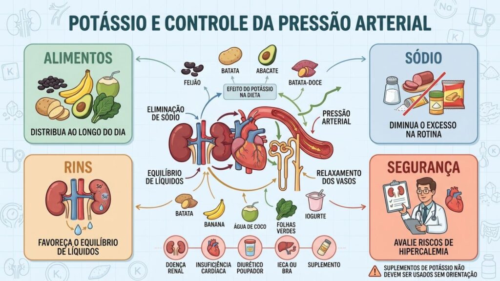 Alimentos, sódio, rins e segurança orientam o uso do potássio na pressão.